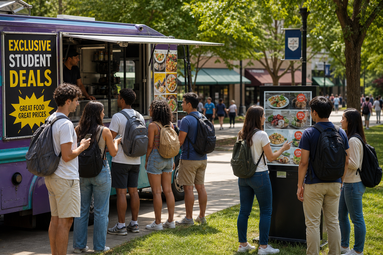 students waiting for food outside a food truck